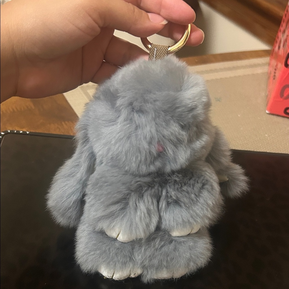 Gray Plush Bunny Keychain - Soft Faux Fur Pet Accessory